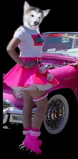 Gracie's head on the body of a 50's carhop dressed in bright pink and a pair of rollerskates holding food
