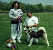 She wins! (dog show getting BIS ribbon presented by judge)