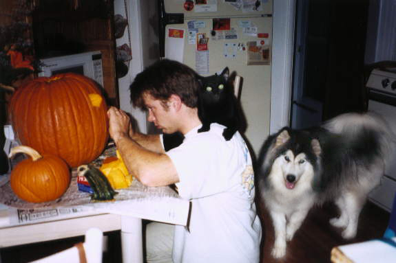 While Mike carves a pumpkin with a black cat on his shoulder, River looks on